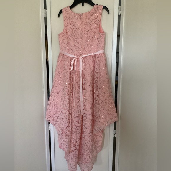 💗 Girls formal dress Sz 7 pink lace fancy sequins wedding black tie flower girl - Picture 3 of 10